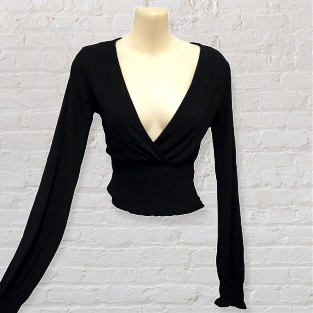 Aus S Glassons Black Wrap Front Long Sleeve Stretch Crop Top - Picture 1 of 16